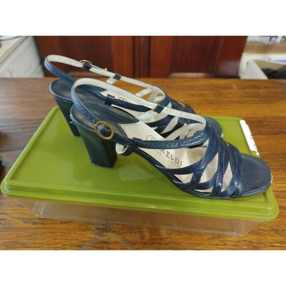 Luxe Retro Vintage Imported Mikelos Athens, Greece 8 N Navy Sandals Heels Chic - Picture 3 of 10